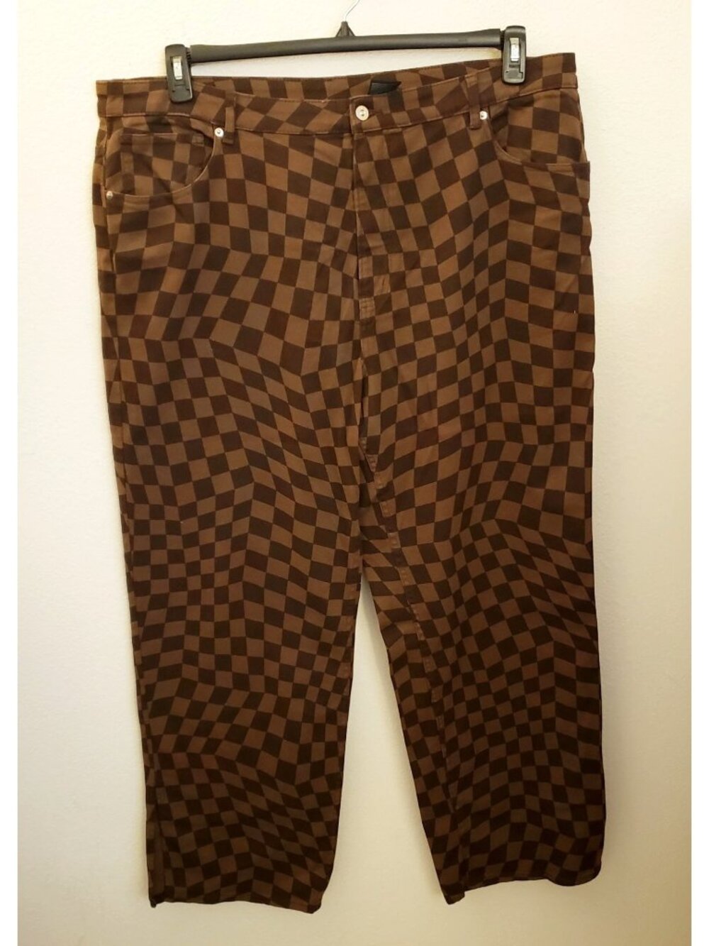 H&M Brown Checkered Denim Slit Hem Jean Pants Size XXL EUC